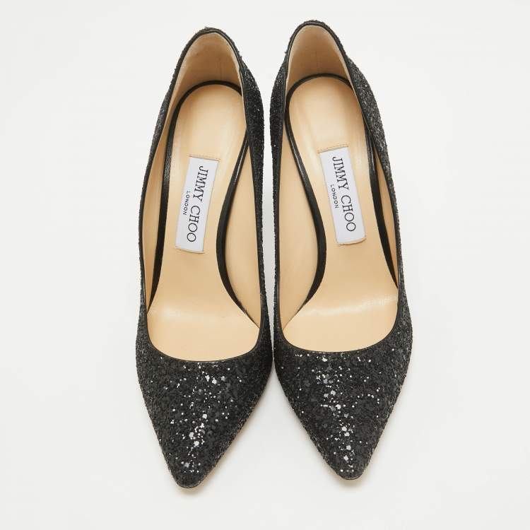 Pre Owned Jimmy Choo Black Coarse Glitter Romy Pumps Size 38