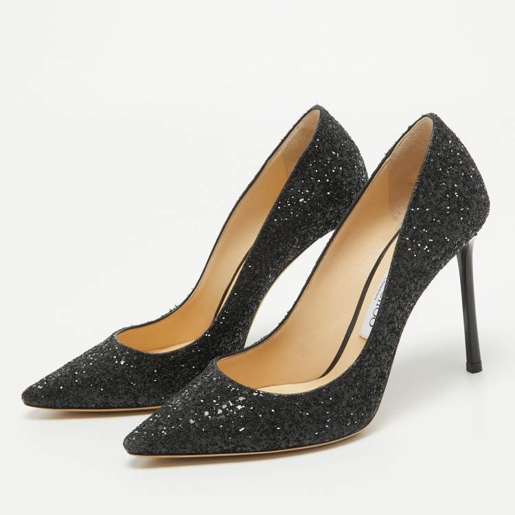 Pre Owned Jimmy Choo Black Coarse Glitter Romy Pumps Size 38