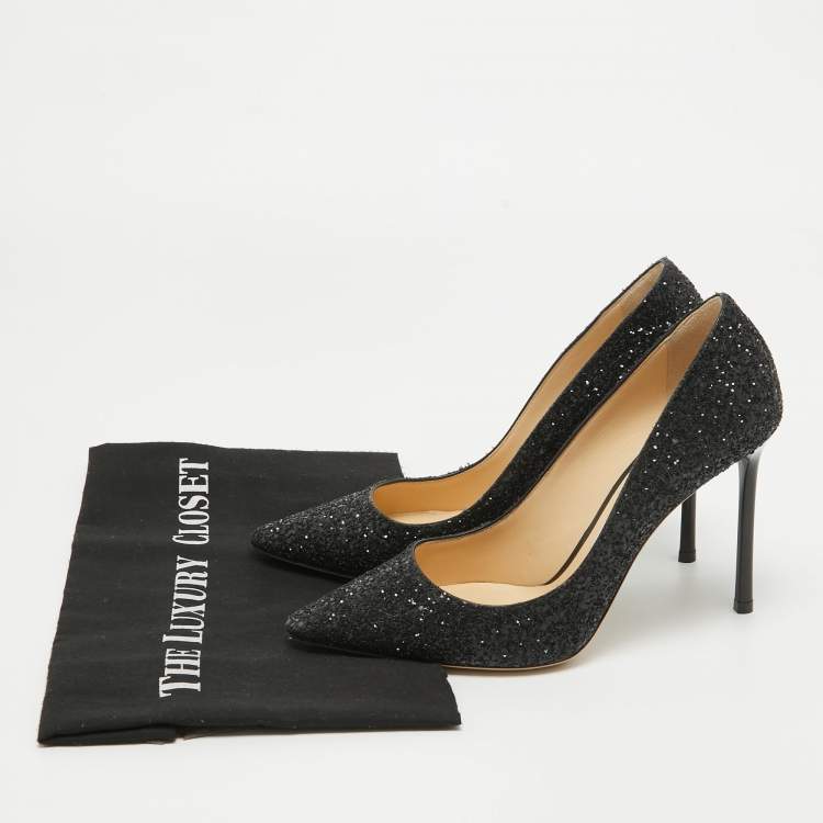 Pre Owned Jimmy Choo Black Coarse Glitter Romy Pumps Size 38
