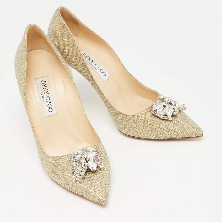 Pre Owned Jimmy Choo Gold Lurex Fabric Mamey Pumps Size 40