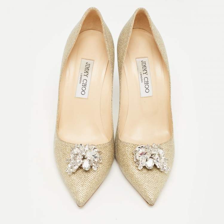 Pre Owned Jimmy Choo Gold Lurex Fabric Mamey Pumps Size 40