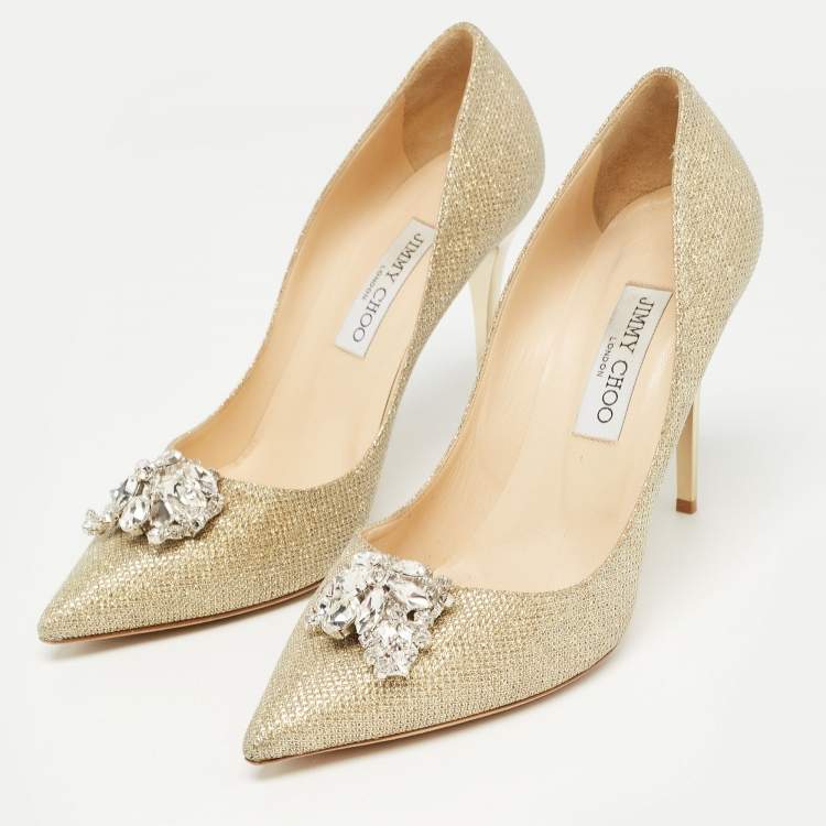Pre Owned Jimmy Choo Gold Lurex Fabric Mamey Pumps Size 40