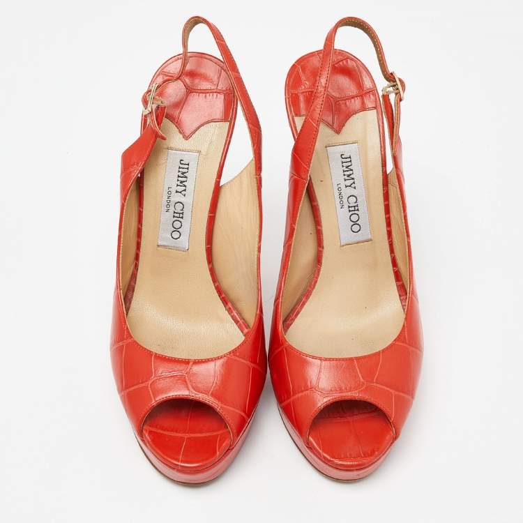 Pre Owned Jimmy Choo Orange Croc Embossed Leather Peep Toe Platform Slingback Pumps Size 39