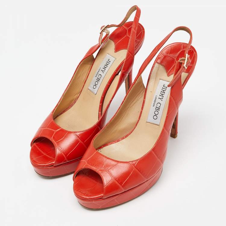 Pre Owned Jimmy Choo Orange Croc Embossed Leather Peep Toe Platform Slingback Pumps Size 39