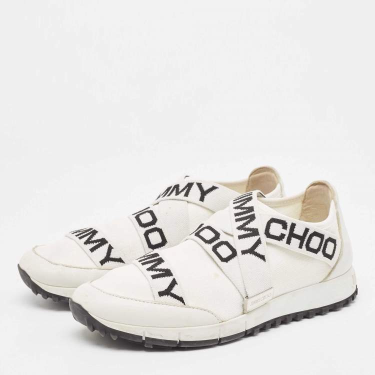 Pre Owned Jimmy Choo White Stretch Fabric and Leather Strips Slip On Sneakers Size 37