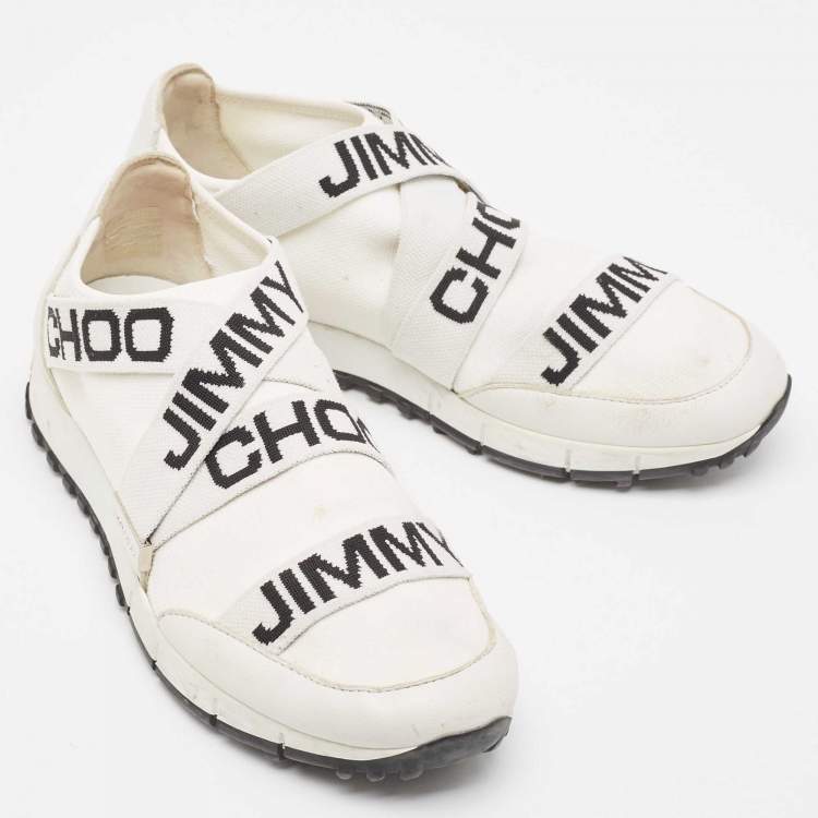 Pre Owned Jimmy Choo White Stretch Fabric and Leather Strips Slip On Sneakers Size 37