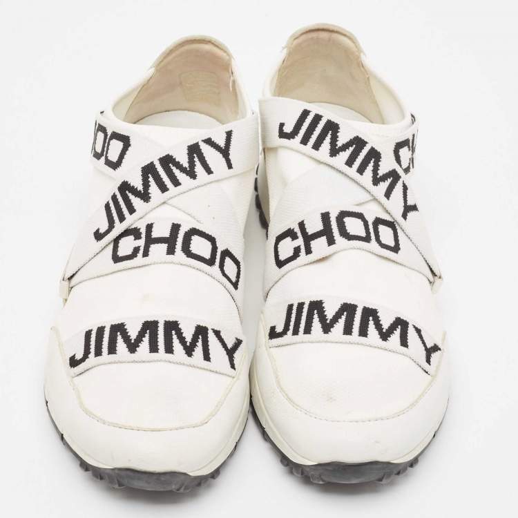 Pre Owned Jimmy Choo White Stretch Fabric and Leather Strips Slip On Sneakers Size 37