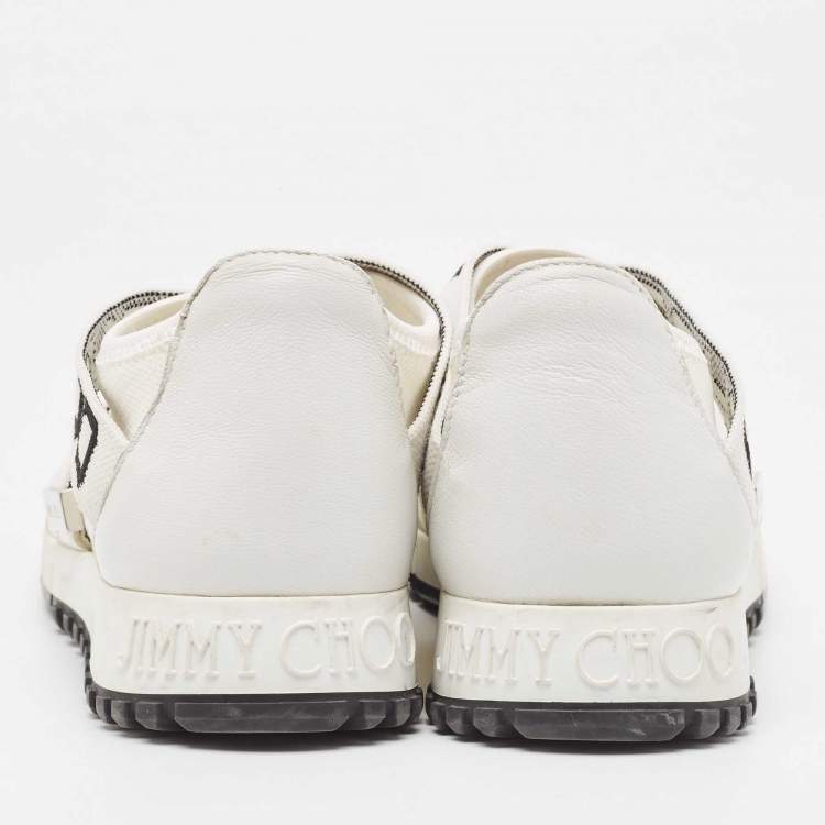 Pre Owned Jimmy Choo White Stretch Fabric and Leather Strips Slip On Sneakers Size 37