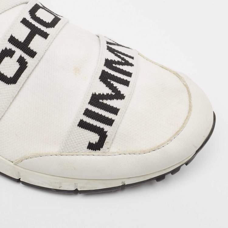 Pre Owned Jimmy Choo White Stretch Fabric and Leather Strips Slip On Sneakers Size 37