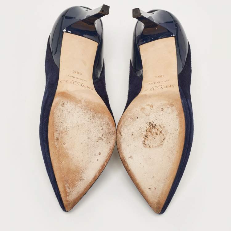 Pre Owned Jimmy Choo Navy Blue Suede and Patent Rudy Pumps Size 36.5