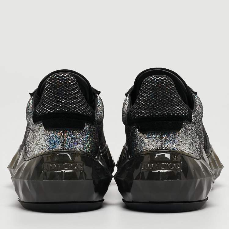 Pre Owned Jimmy Choo Silver/Black Laminated Suede and Mesh Diamond Sneakers Size 36