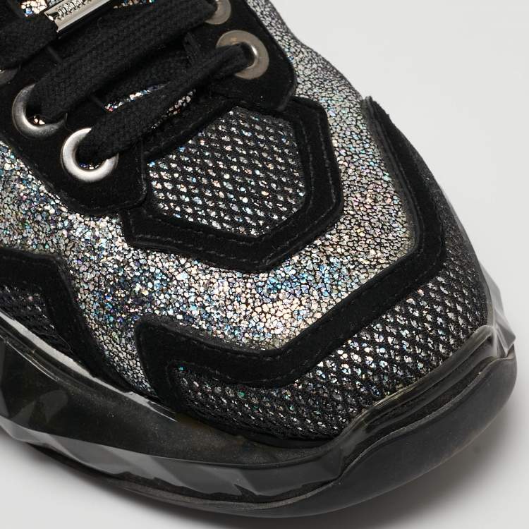 Pre Owned Jimmy Choo Silver/Black Laminated Suede and Mesh Diamond Sneakers Size 36