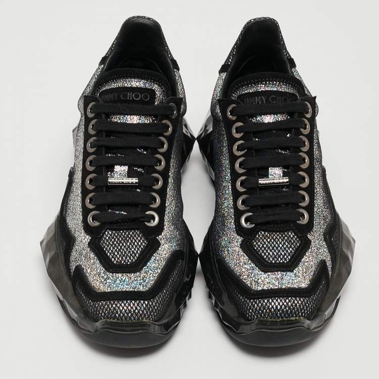 Pre Owned Jimmy Choo Silver/Black Laminated Suede and Mesh Diamond Sneakers Size 36