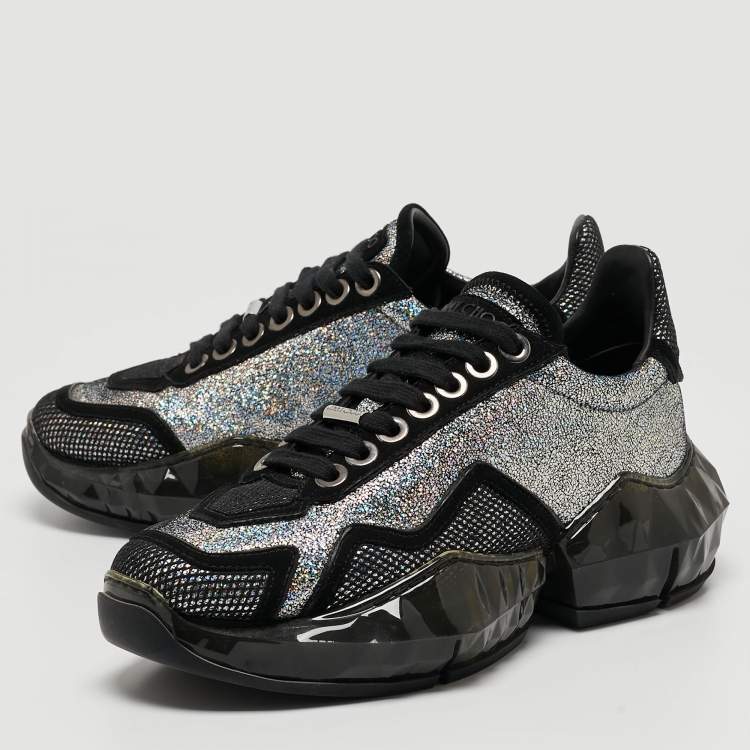 Pre Owned Jimmy Choo Silver/Black Laminated Suede and Mesh Diamond Sneakers Size 36
