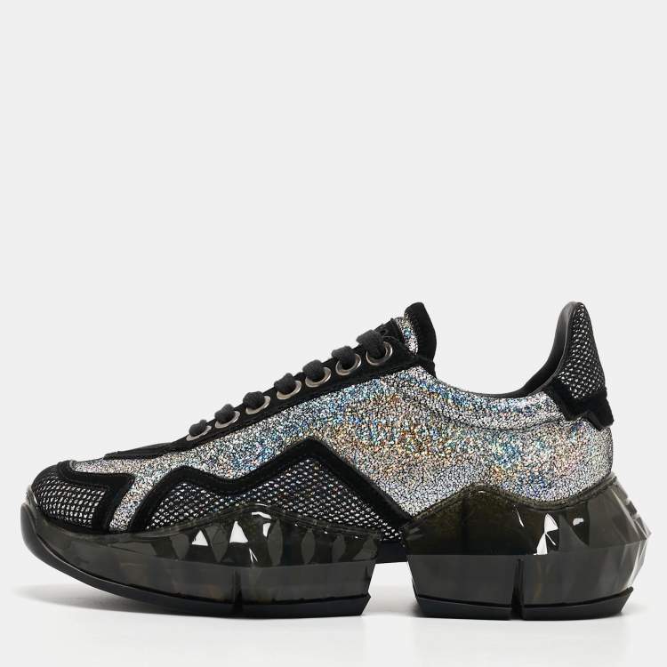 Pre Owned Jimmy Choo Silver/Black Laminated Suede and Mesh Diamond Sneakers Size 36