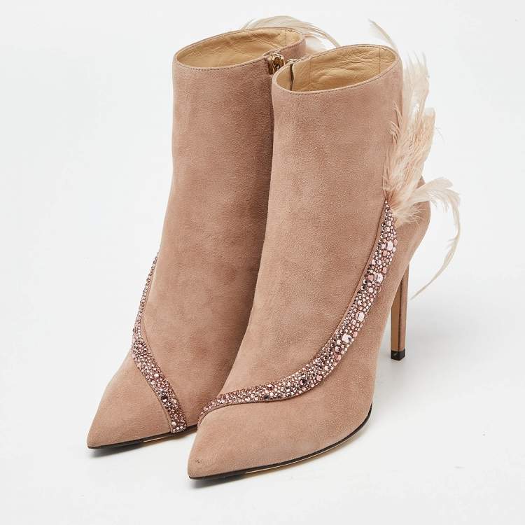 Pre Owned Jimmy Choo Pink Suede and Feather Crystal Embellished Ankle Boots Size 39