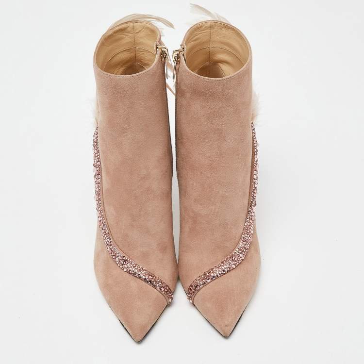 Pre Owned Jimmy Choo Pink Suede and Feather Crystal Embellished Ankle Boots Size 39