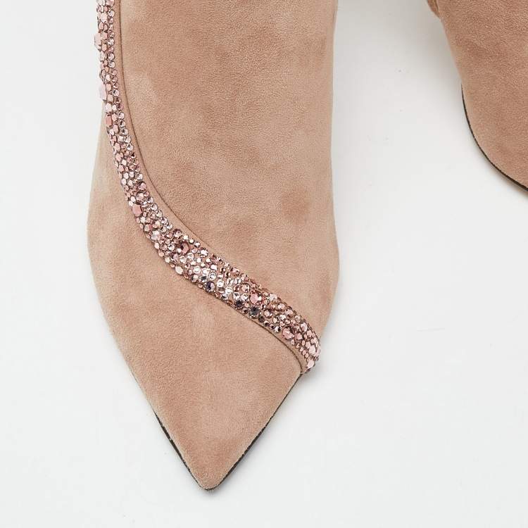 Pre Owned Jimmy Choo Pink Suede and Feather Crystal Embellished Ankle Boots Size 39