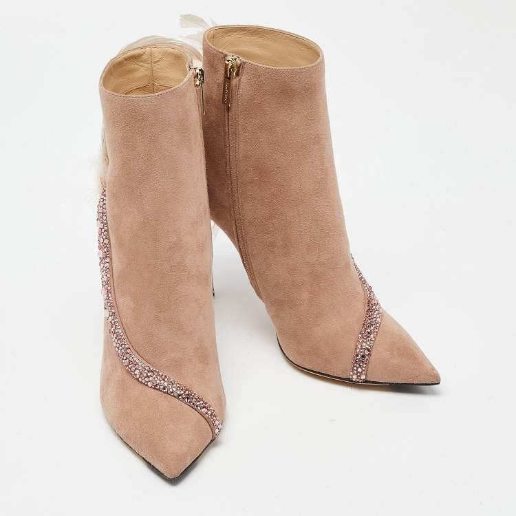 Pre Owned Jimmy Choo Pink Suede and Feather Crystal Embellished Ankle Boots Size 39