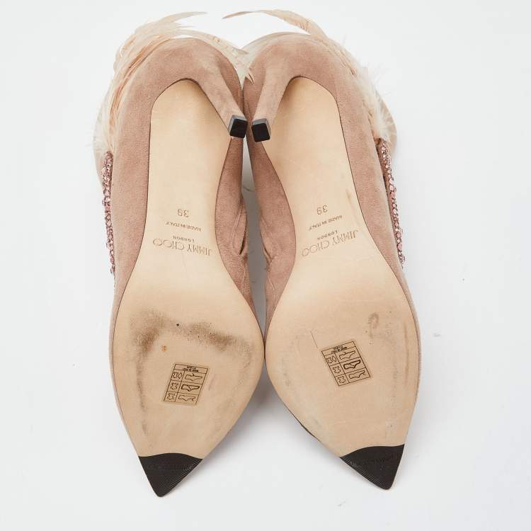 Pre Owned Jimmy Choo Pink Suede and Feather Crystal Embellished Ankle Boots Size 39
