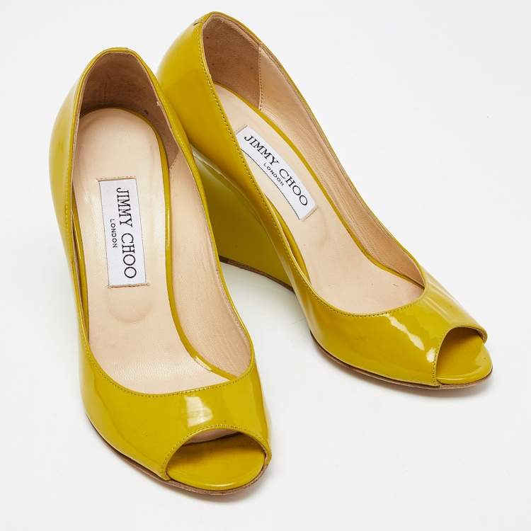 Pre Owned Jimmy Choo Yellow Patent Leather Baxen Peep Toe Wedge Pumps 36