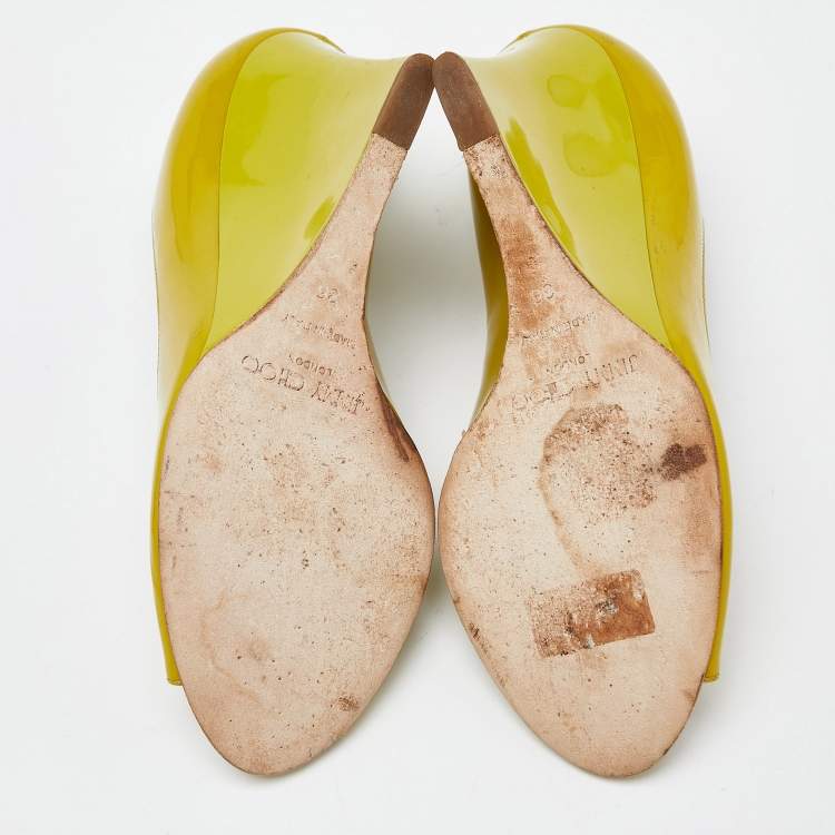 Pre Owned Jimmy Choo Yellow Patent Leather Baxen Peep Toe Wedge Pumps 36