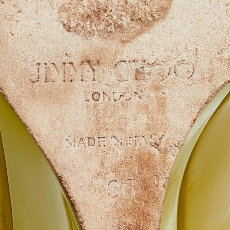 Pre Owned Jimmy Choo Yellow Patent Leather Baxen Peep Toe Wedge Pumps 36