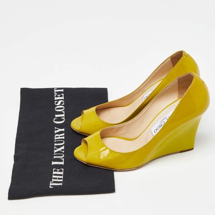 Pre Owned Jimmy Choo Yellow Patent Leather Baxen Peep Toe Wedge Pumps 36