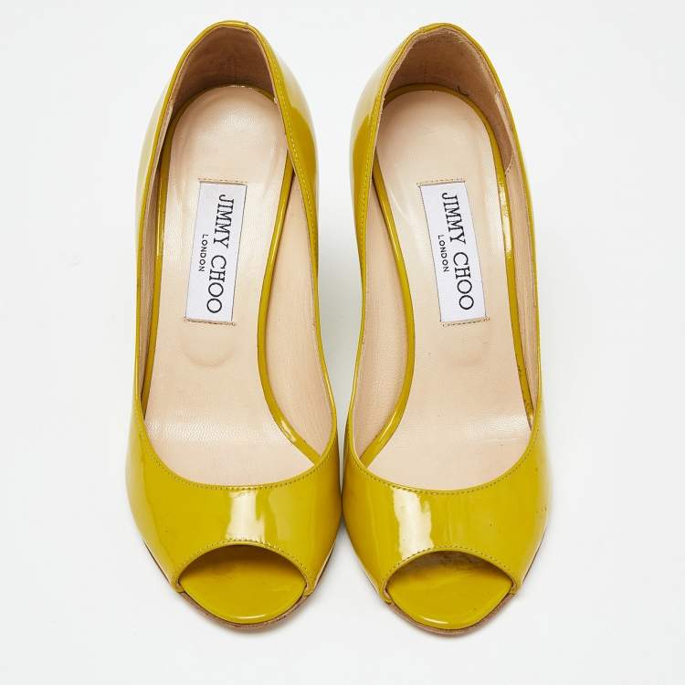 Pre Owned Jimmy Choo Yellow Patent Leather Baxen Peep Toe Wedge Pumps 36