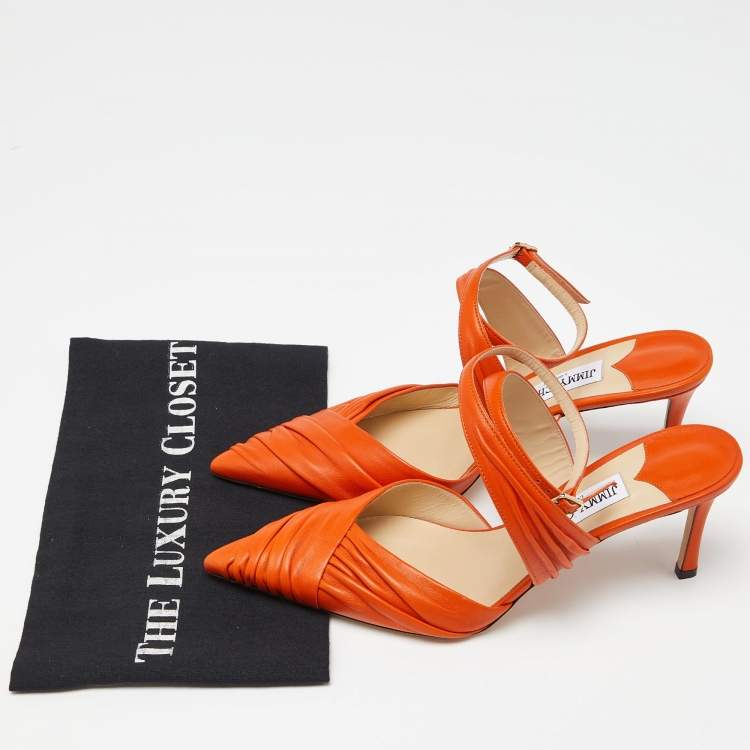 Pre Owned Jimmy Choo Orange Leather Pointed Toe Ankle Strap Pumps Size 39 