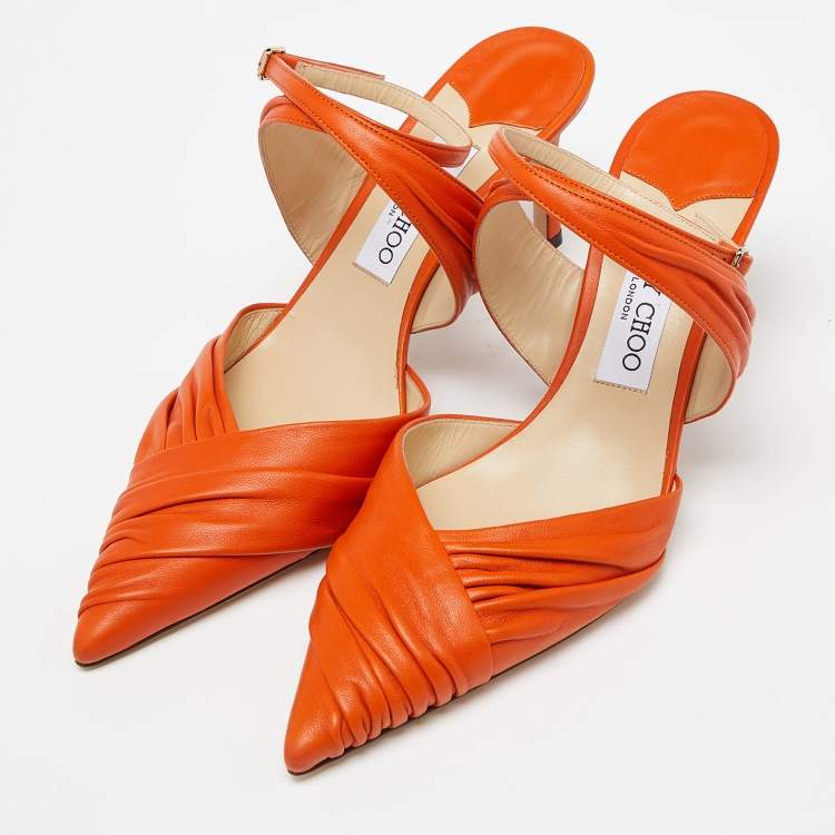 Pre Owned Jimmy Choo Orange Leather Pointed Toe Ankle Strap Pumps Size 39 
