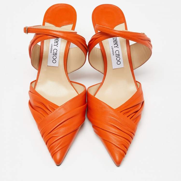 Pre Owned Jimmy Choo Orange Leather Pointed Toe Ankle Strap Pumps Size 39 