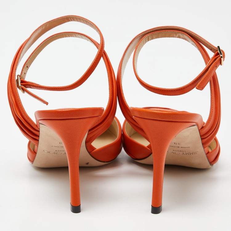 Pre Owned Jimmy Choo Orange Leather Pointed Toe Ankle Strap Pumps Size 39 