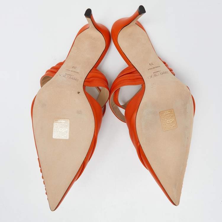 Pre Owned Jimmy Choo Orange Leather Pointed Toe Ankle Strap Pumps Size 39 