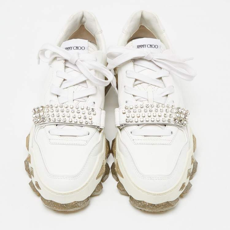 Pre Owned Jimmy Choo White Leather Diamond Crystal Embellished Sneakers Size 41
