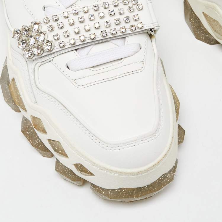 Pre Owned Jimmy Choo White Leather Diamond Crystal Embellished Sneakers Size 41