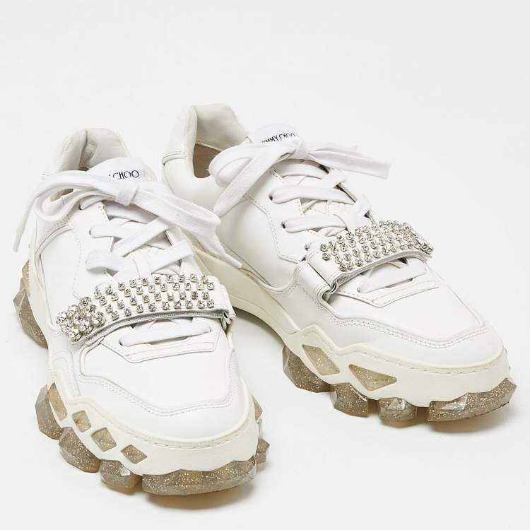 Pre Owned Jimmy Choo White Leather Diamond Crystal Embellished Sneakers Size 41