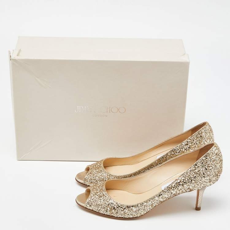 Pre Owned Jimmy Choo Gold Glitter Open Toe Pumps Size 37.5