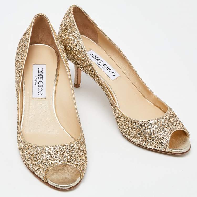 Pre Owned Jimmy Choo Gold Glitter Open Toe Pumps Size 37.5