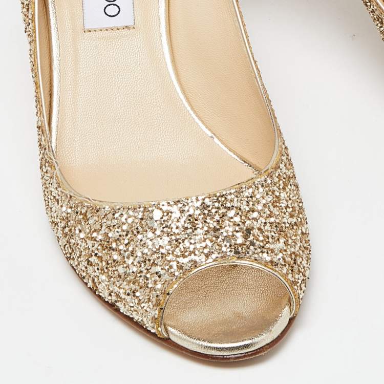 Pre Owned Jimmy Choo Gold Glitter Open Toe Pumps Size 37.5