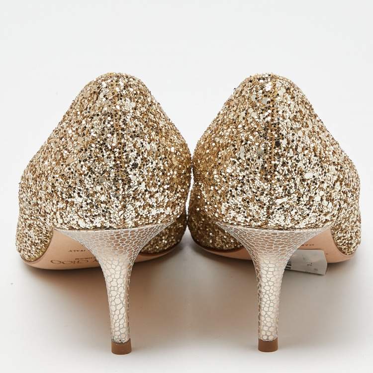 Pre Owned Jimmy Choo Gold Glitter Open Toe Pumps Size 37.5