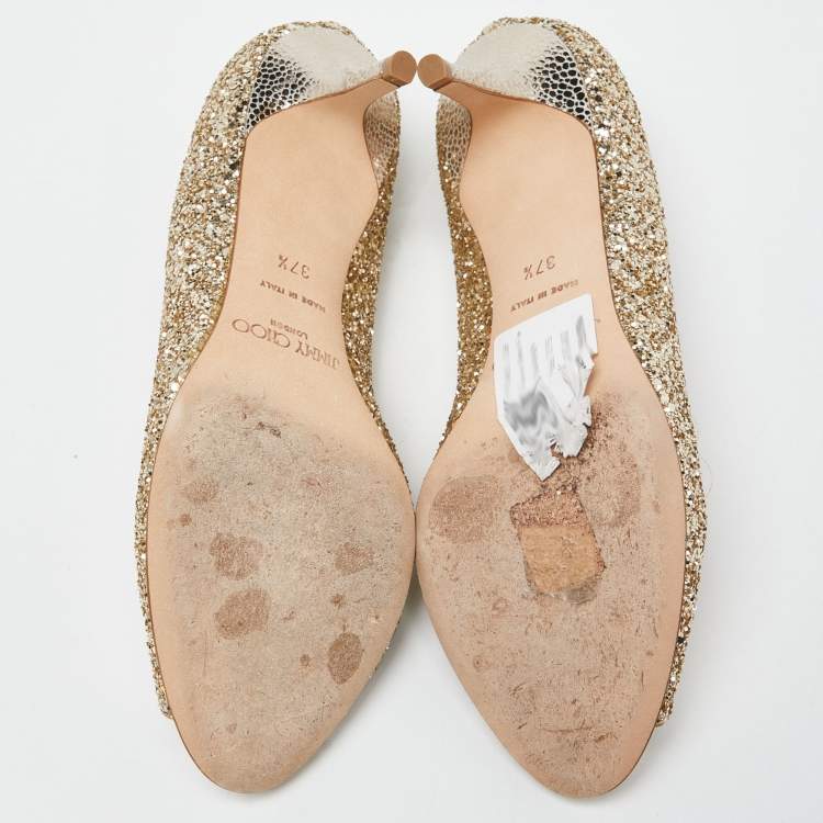 Pre Owned Jimmy Choo Gold Glitter Open Toe Pumps Size 37.5