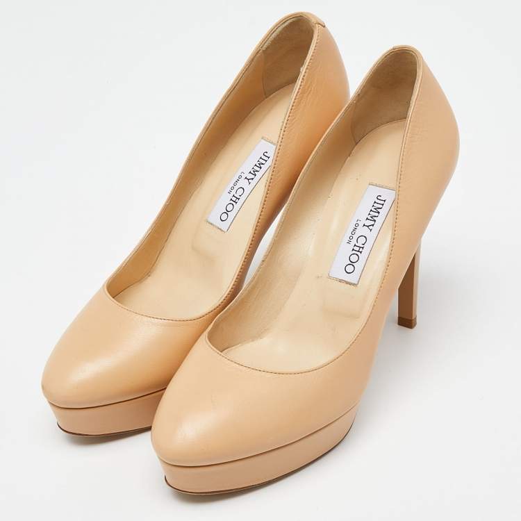 Pre Owned Jimmy Choo Beige Leather Platform Round Toe Pumps Size 38.5 