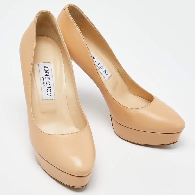 Pre Owned Jimmy Choo Beige Leather Platform Round Toe Pumps Size 38.5 