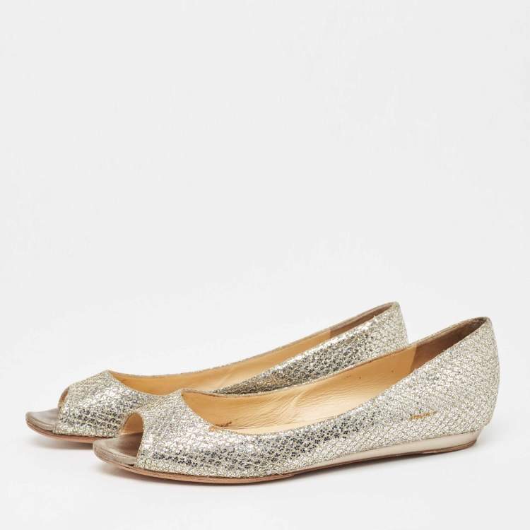 Pre Owned Jimmy Choo Gold/Silver Glitter Fabric Open Toe Flats Size 38