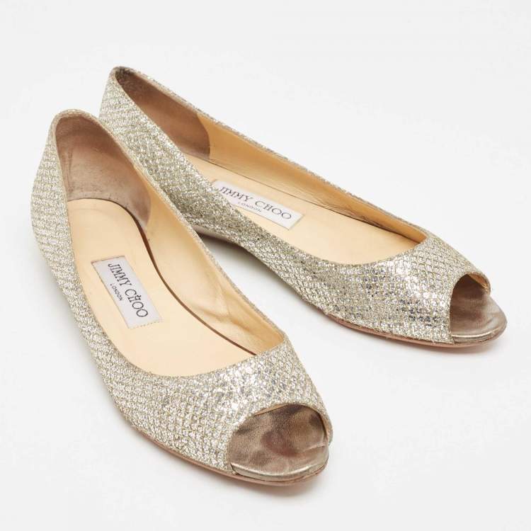 Pre Owned Jimmy Choo Gold/Silver Glitter Fabric Open Toe Flats Size 38