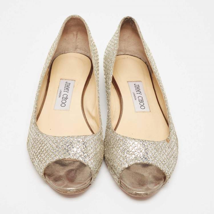 Pre Owned Jimmy Choo Gold/Silver Glitter Fabric Open Toe Flats Size 38
