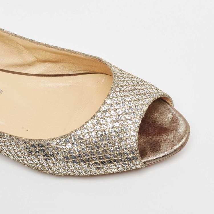 Pre Owned Jimmy Choo Gold/Silver Glitter Fabric Open Toe Flats Size 38