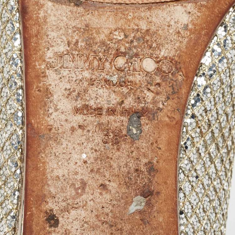 Pre Owned Jimmy Choo Gold/Silver Glitter Fabric Open Toe Flats Size 38