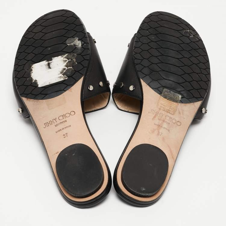 Pre Owned Jimmy Choo Black Leather Studded Nanda Flat Slides Size 37